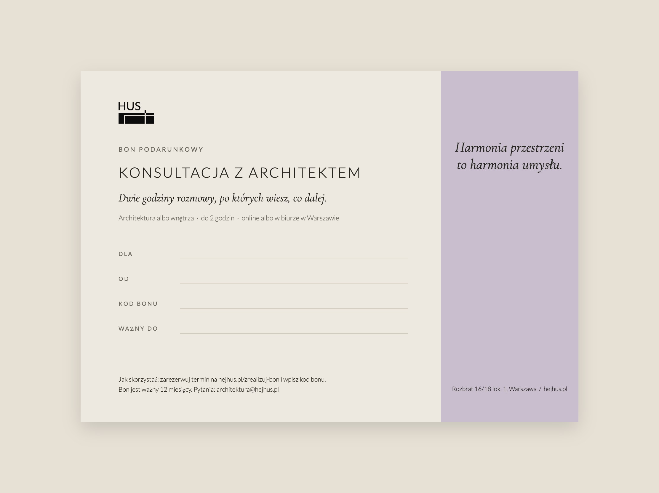 Bon podarunkowy HUS na konsultację z architektem, lniany z lawendowym pasem