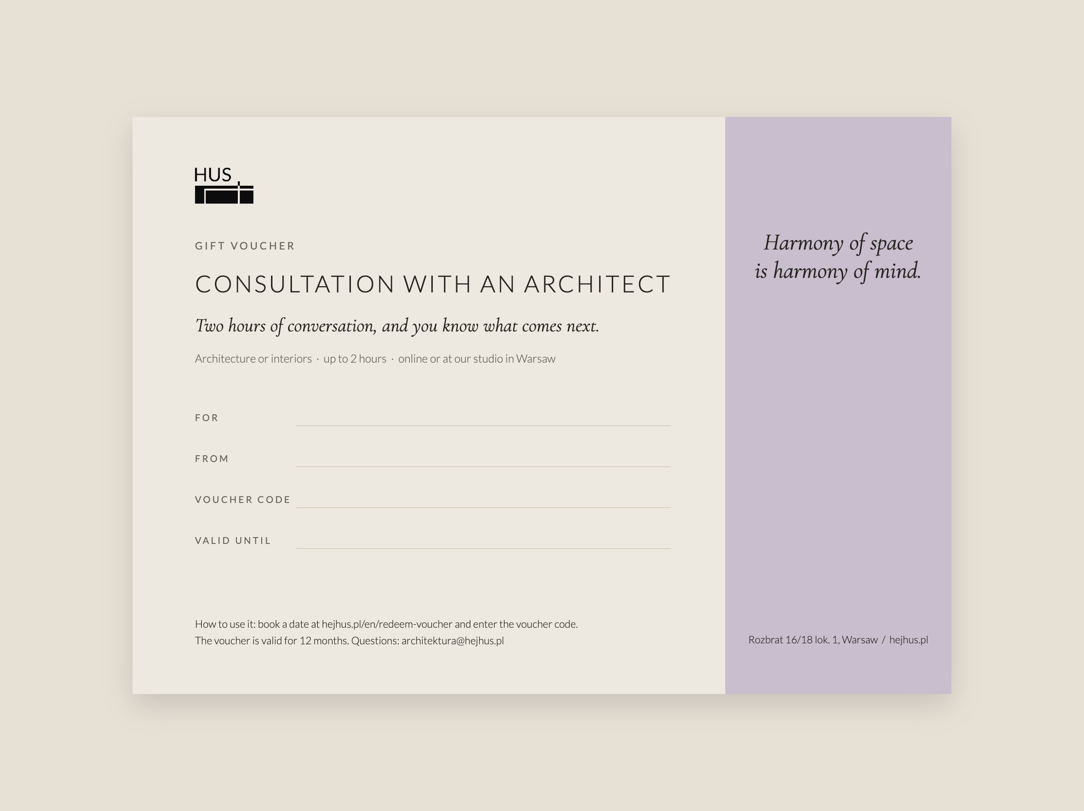 HUS gift voucher for a consultation with an architect, linen with a lavender band